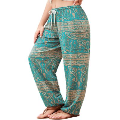 QIANXIZHAN Women's Harem Pants, Hippie Palazzo Pants Boho Joggers Yoga Clothes with Pockets Cyan Flower 2XL