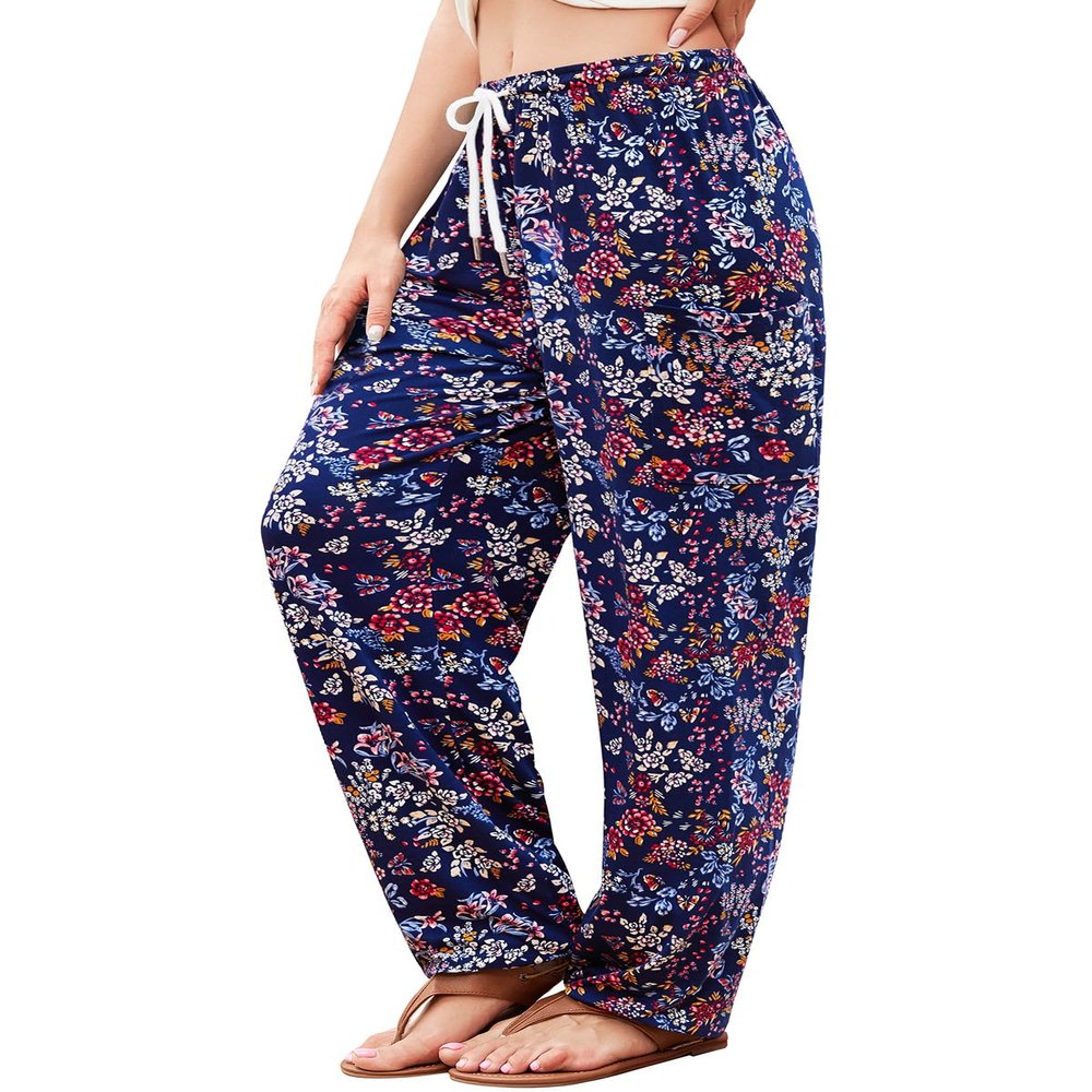 QIANXIZHAN Women's Harem Pants, Hippie Palazzo Pants Boho Joggers Yoga Clothes with Pockets Dark Blue Flower XL