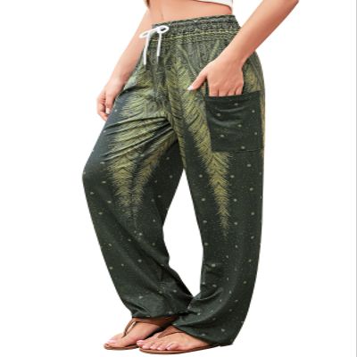 QIANXIZHAN Women's Harem Pants, Hippie Palazzo Pants Boho Joggers Yoga Clothes with Pockets Green Flower XL
