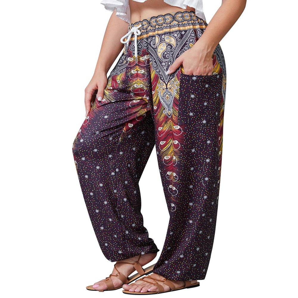 QIANXIZHAN Women's Harem Pants, Hippie Palazzo Pants Boho Joggers Yoga Clothes with Pockets Black Flower XL