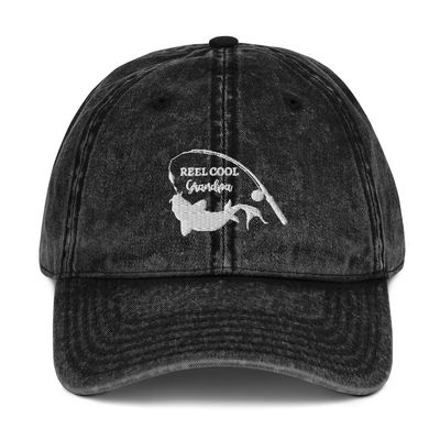 Reel Cool Grandpa hat, Embroidered hat, Grandpa Gifts, Grandpa Fishing hat, Grandpa Fishermen hat, Vintage Cotton Twill Cap Black