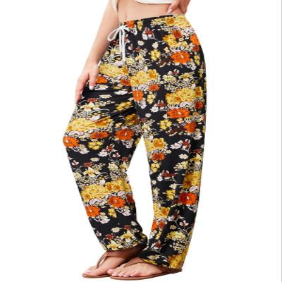 QIANXIZHAN Women's Harem Pants, Hippie Palazzo Pants Boho Joggers Yoga Clothes with Pockets Gold Flower 2XL