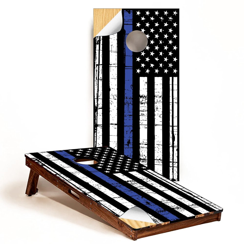 GRAPHIX EXPRESS - C295 Police Distressed American Flag - Patriotic Cornhole Board Wrap - Laminated Weatherproof Vinyl Decal - Easy Bubble-Free Application - Stickers Dimensions: 2' x 4' - Set of 2