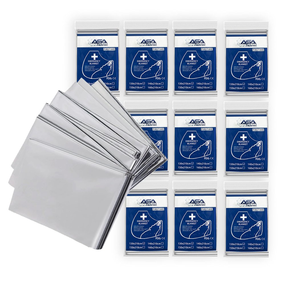 ASA TECHMED Emergency Blanket, Thermal Blankets Silver Foil Space Blanket. Designed for Outdoors, Camping, Survival, First Aid Preparedness Supplies, 10 Pcs