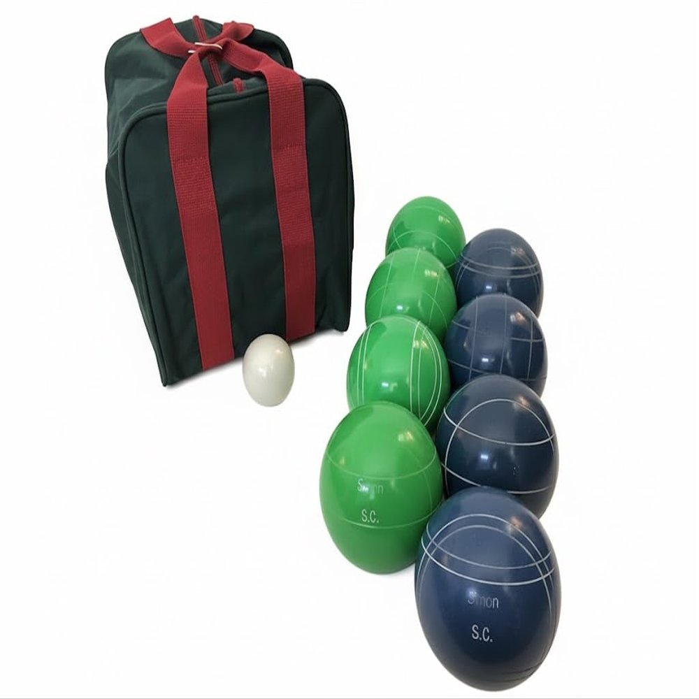 BuyBocceBalls Listing - Made in USA, Premium Quality Engraved Tournament Bocce Set - 110mm Green and Blue Balls, Nylon Bag, 998 Grams (2 lbs. 3.2 oz.). Various Bag Colors
