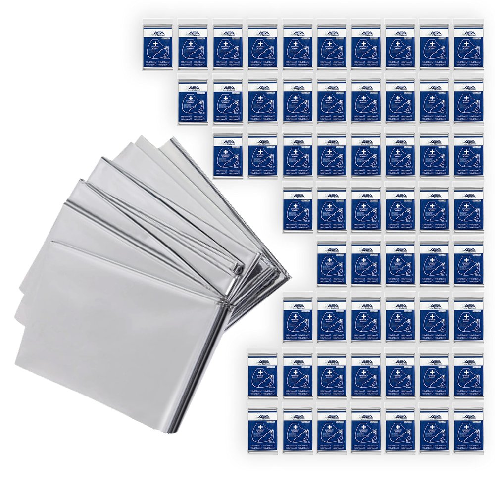 ASA TECHMED Emergency Blanket, Thermal Blankets Silver Foil Space Blanket. Designed for Outdoors, Camping, Survival, First Aid Preparedness Supplies, 50 Pcs