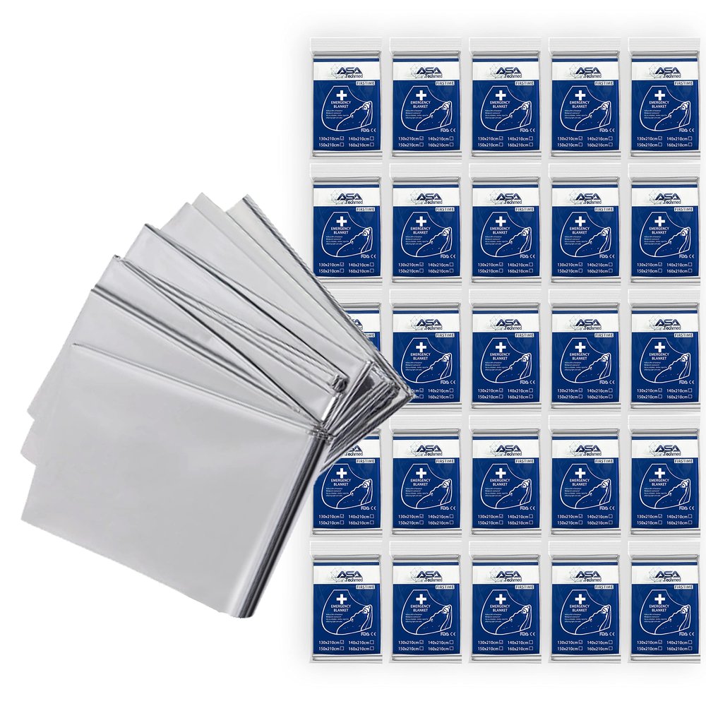 ASA TECHMED Emergency Blanket, Thermal Blankets Silver Foil Space Blanket. Designed for Outdoors, Camping, Survival, First Aid Preparedness Supplies, 25 Pcs