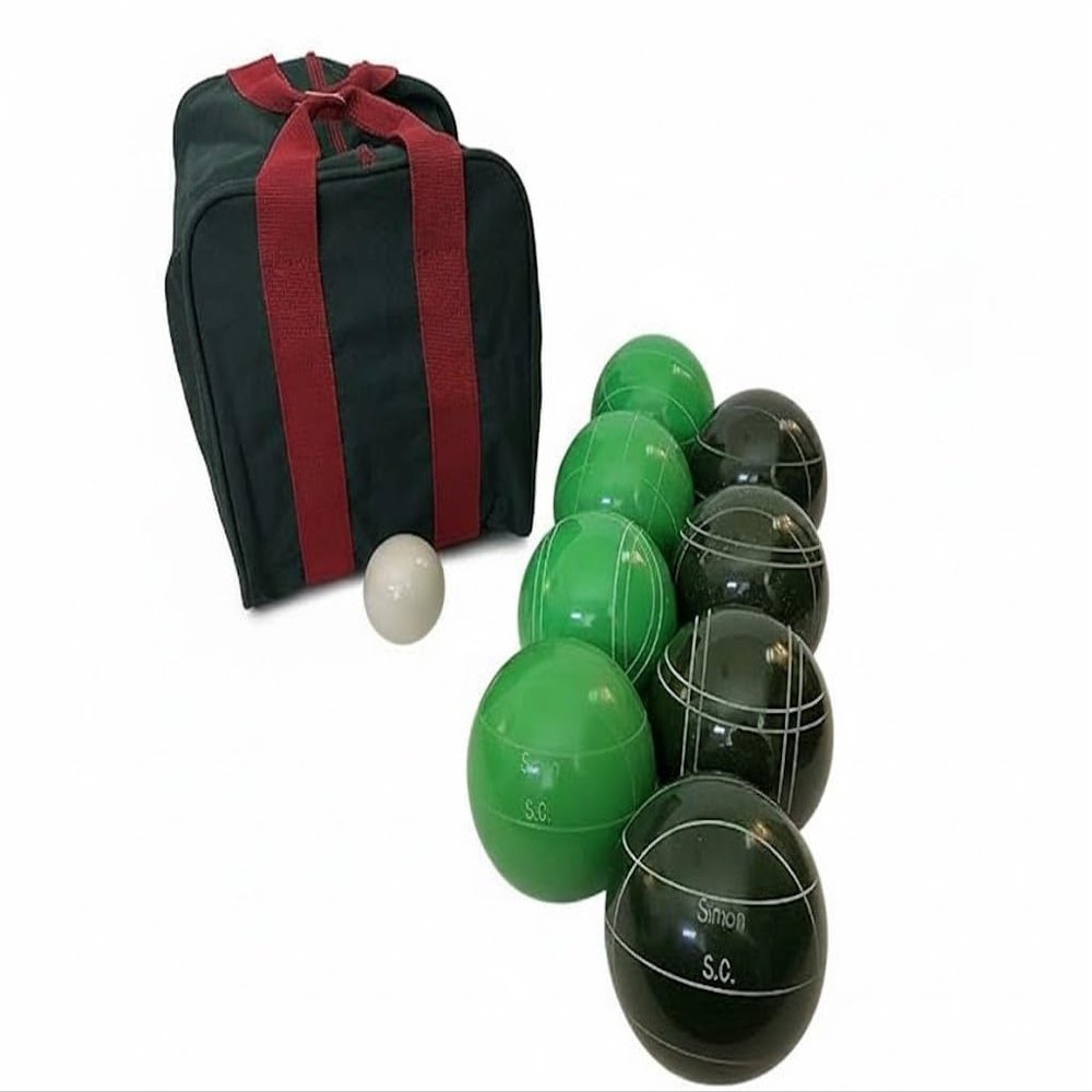 BuyBocceBalls Listing - Made in USA, Premium Quality Engraved Tournament Bocce Set - 110mm Green and Dark Green Balls, Nylon Bag, 998 Grams (2 lbs. 3.2 oz.). Various Bag Colors