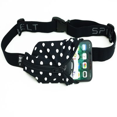 SPIbelt Running Belt for Women Men, Phone Holder for Running, Running Fanny Pack, Holder for Phone, Running Waist Pack, Adjustable Waist, [Fits All Phones]. Black White Polka Dot/Black Zipper