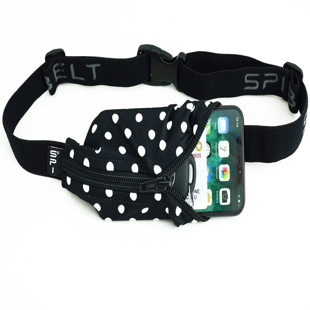SPIbelt Running Belt for Women Men, Phone Holder for Running, Running Fanny Pack, Holder for Phone, Running Waist Pack, Adjustable Waist, [Fits All Phones]. Black White Polka Dot/Black Zipper