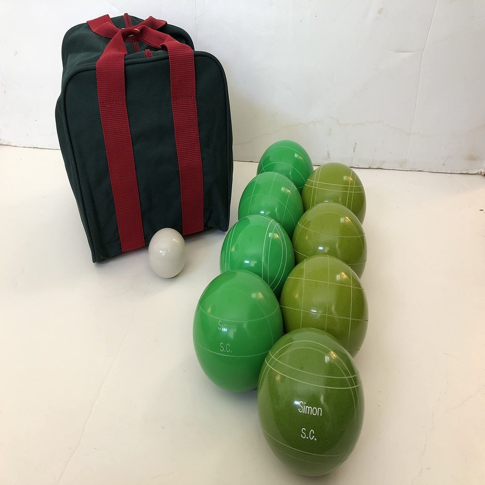 BuyBocceBalls Listing - Made in USA, Premium Quality Engraved Tournament Bocce Set - 110mm Green and Lime Green Balls, Nylon Bag, 998 Grams (2 lbs. 3.2 oz.). Various Bag Colors