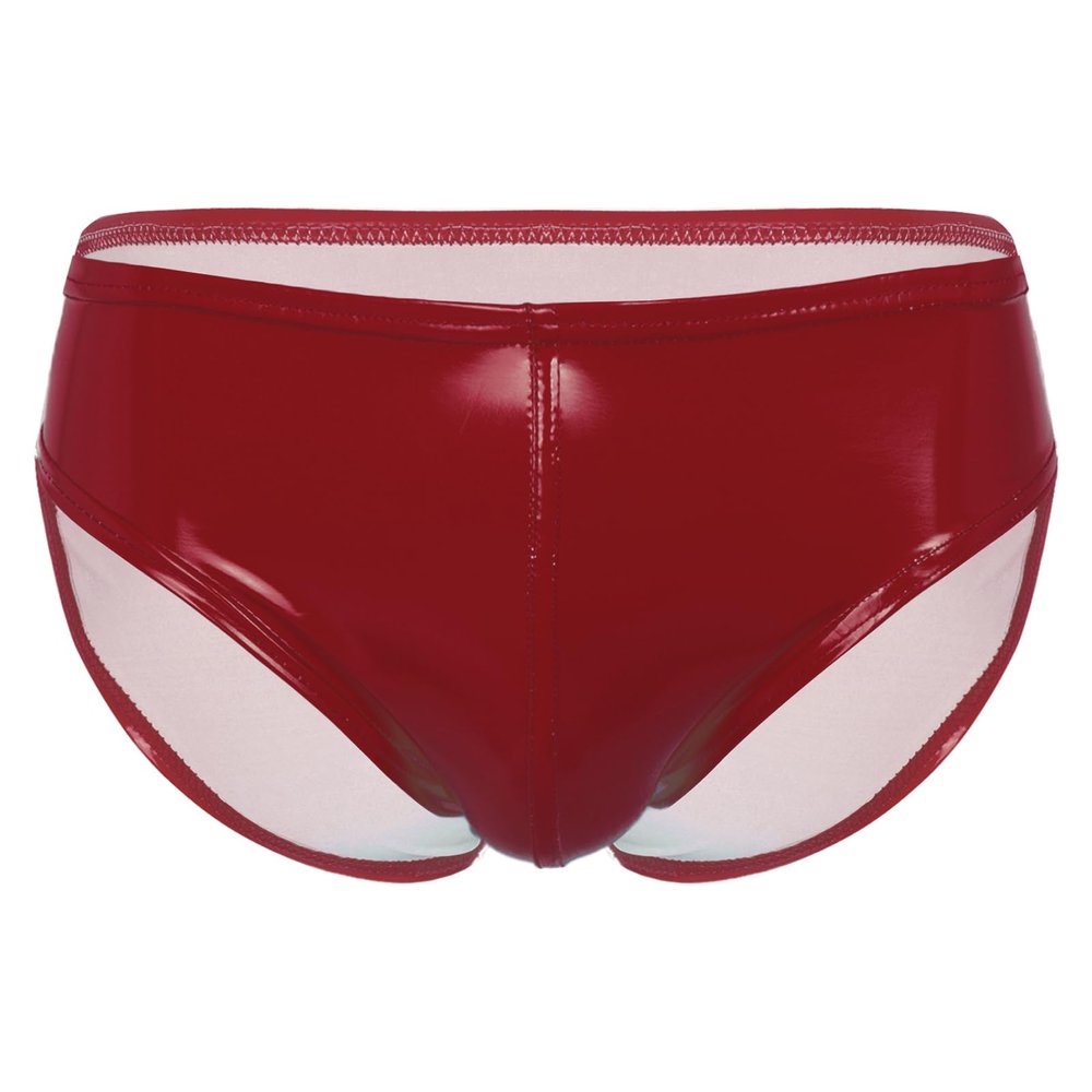 dPois Men's Leather Boxer Briefs Thong Metallic Shiny Bulge Pouch Underwear Latex Hot Pants Clubwear Red Medium