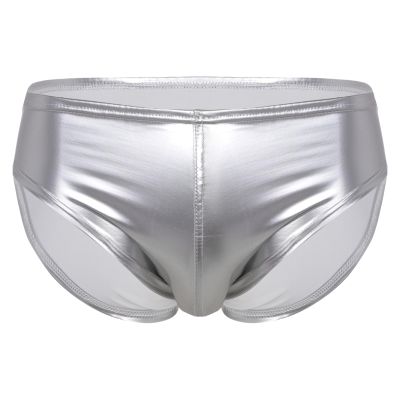 dPois Men's Leather Boxer Briefs Thong Metallic Shiny Bulge Pouch Underwear Latex Hot Pants Clubwear Silver Medium