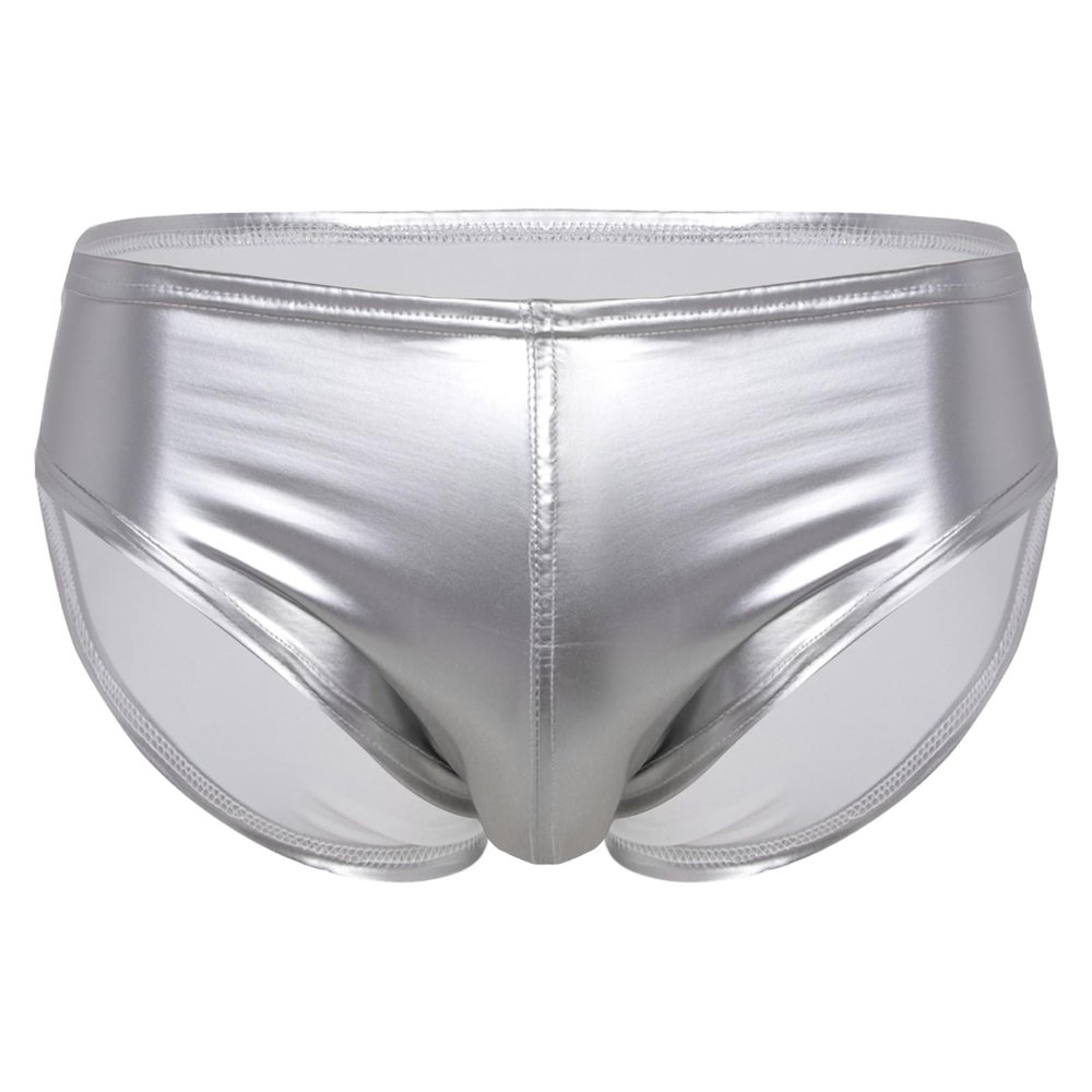 dPois Men's Leather Boxer Briefs Thong Metallic Shiny Bulge Pouch Underwear Latex Hot Pants Clubwear Silver Medium