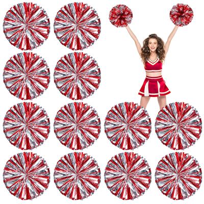 Deekin 12 Pcs Cheerleading Pom Poms Cheerleader Squad Spirited Fun Pompoms 12 Inch Metallic Foil Cheer Pom Poms with Handle Flowers for Sport Team Dance Costume Party 50g Weight Each(Red and Silver)