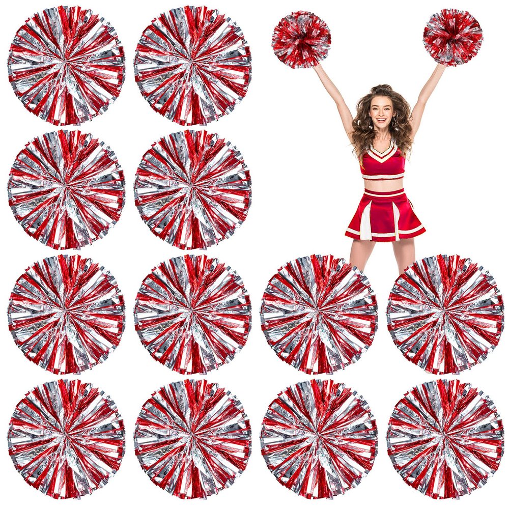 Deekin 12 Pcs Cheerleading Pom Poms Cheerleader Squad Spirited Fun Pompoms 12 Inch Metallic Foil Cheer Pom Poms with Handle Flowers for Sport Team Dance Costume Party 50g Weight Each(Red and Silver)