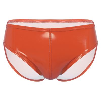 dPois Men's Leather Boxer Briefs Thong Metallic Shiny Bulge Pouch Underwear Latex Hot Pants Clubwear Orange Large