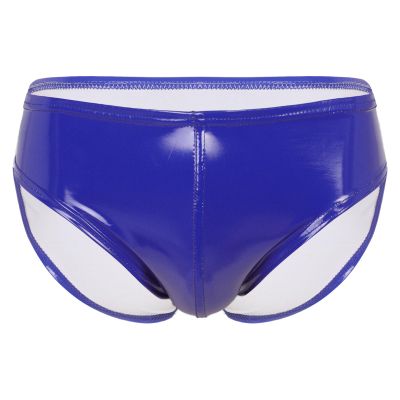 dPois Men's Leather Boxer Briefs Thong Metallic Shiny Bulge Pouch Underwear Latex Hot Pants Clubwear Blue Medium