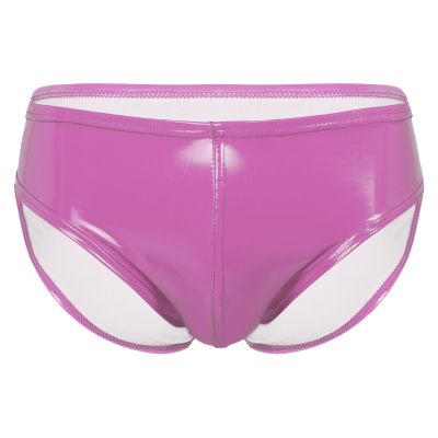 dPois Men's Leather Boxer Briefs Thong Metallic Shiny Bulge Pouch Underwear Latex Hot Pants Clubwear Hot Pink X-Large