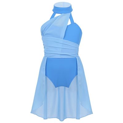 TiaoBug Girl's Irregular Lyrical Dance Party Dress Sleeveless Leotard with Mesh Overlay Chiffon Skirt Ballet Dancing Costumes Light Blue A 8-10