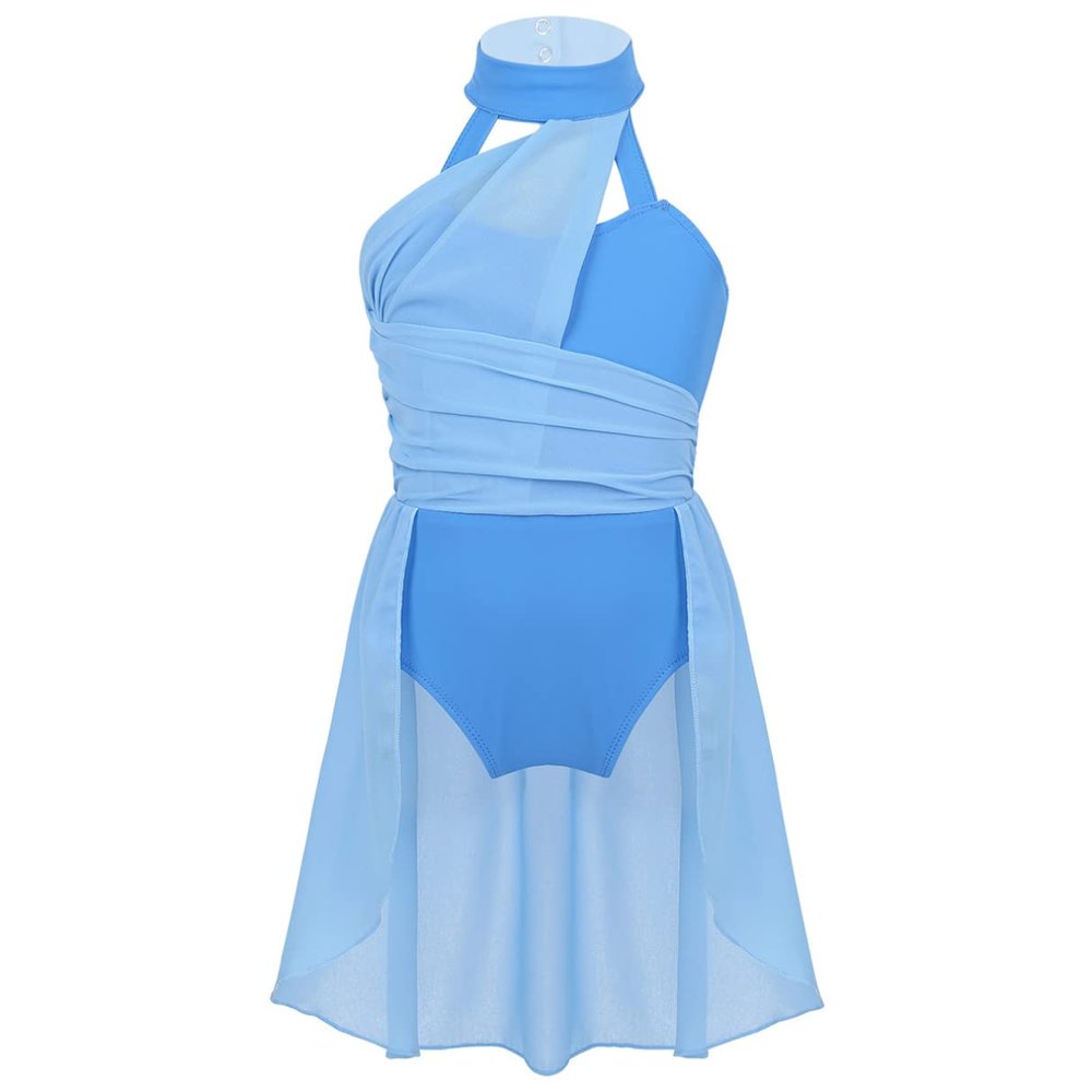 TiaoBug Girl's Irregular Lyrical Dance Party Dress Sleeveless Leotard with Mesh Overlay Chiffon Skirt Ballet Dancing Costumes Light Blue A 8-10