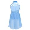 TiaoBug Girl's Irregular Lyrical Dance Party Dress Sleeveless Leotard with Mesh Overlay Chiffon Skirt Ballet Dancing Costumes Light Blue A 8-10 view 2