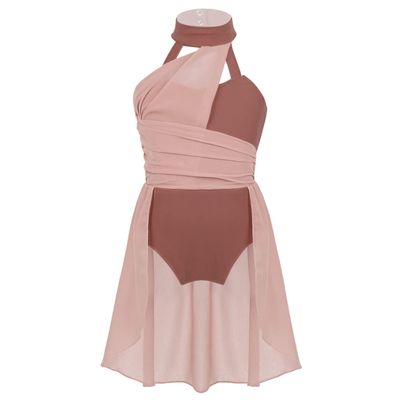 TiaoBug Girl's Irregular Lyrical Dance Party Dress Sleeveless Leotard with Mesh Overlay Chiffon Skirt Ballet Dancing Costumes Dusty Pink A 8-10