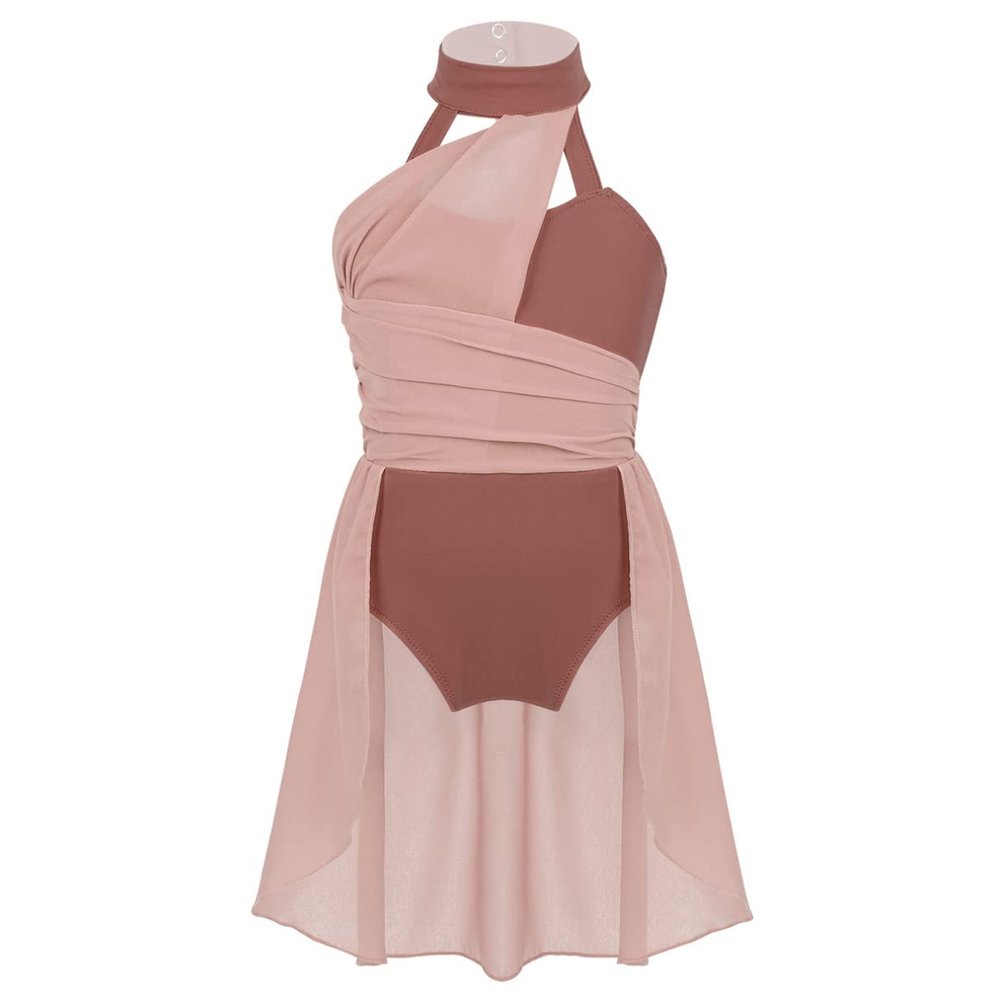 TiaoBug Girl's Irregular Lyrical Dance Party Dress Sleeveless Leotard with Mesh Overlay Chiffon Skirt Ballet Dancing Costumes Dusty Pink A 8-10