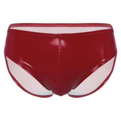 dPois Men's Leather Boxer Briefs Thong Metallic Shiny Bulge Pouch Underwear Latex Hot Pants Clubwear Red Large