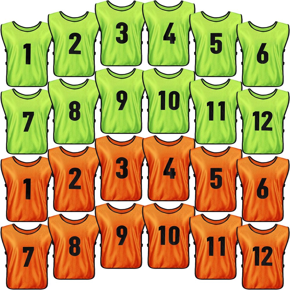 Yahenda 24 Pcs Sports Pinnies Soccer Scrimmage Practice Vests Numbered Soccer Team Pennies with Belt for Adult(Large,Green, Orange)