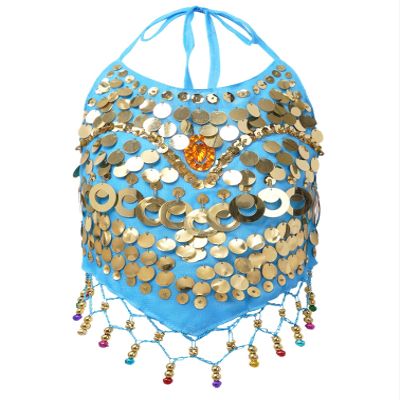 Jhaoyu Girls Belly Dance Top Sequins Tassel Halter Bandage Vest Stage Performance Costume Blue 4-12 Years
