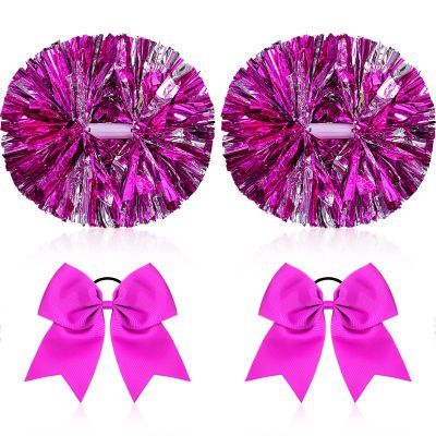 Canlierr 4 Pcs Cheerleading Pom Poms with Baton Handle and Cheerleader Hair Bows, 14 Inch Metallic Cheer Supplies for School Team Spirit Sports Dance Cheering(Rose Red)