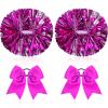 Canlierr 4 Pcs Cheerleading Pom Poms with Baton Handle and Cheerleader Hair Bows, 14 Inch Metallic Cheer Supplies for School Team Spirit Sports Dance Cheering(Rose Red) view 1