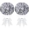 Canlierr 4 Pcs Cheerleading Pom Poms with Baton Handle and Cheerleader Hair Bows, 14 Inch Metallic Cheer Supplies for School Team Spirit Sports Dance Cheering(Silver, White) view 1