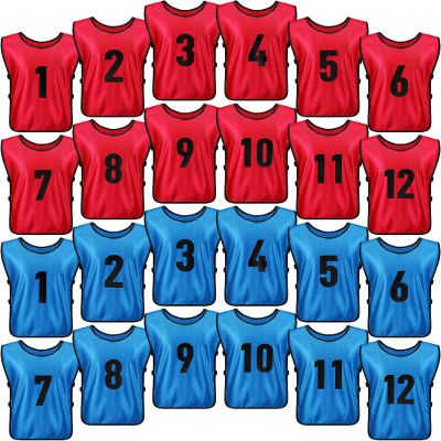 Yahenda 24 Pcs Sports Pinnies Soccer Scrimmage Practice Vests Numbered Soccer Team Pennies with Belt for Adult(Large,Red, Blue)