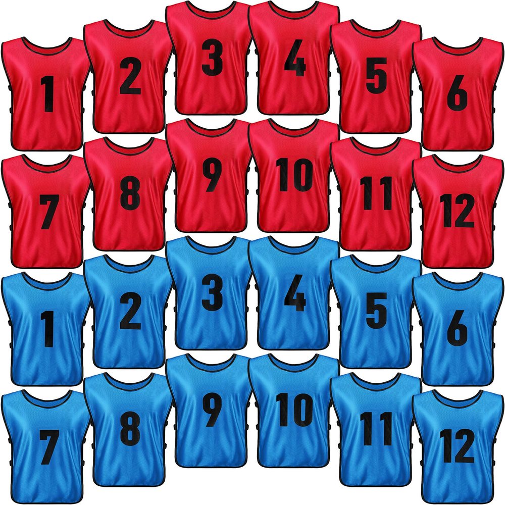 Yahenda 24 Pcs Sports Pinnies Soccer Scrimmage Practice Vests Numbered Soccer Team Pennies with Belt for Adult(Large,Red, Blue)