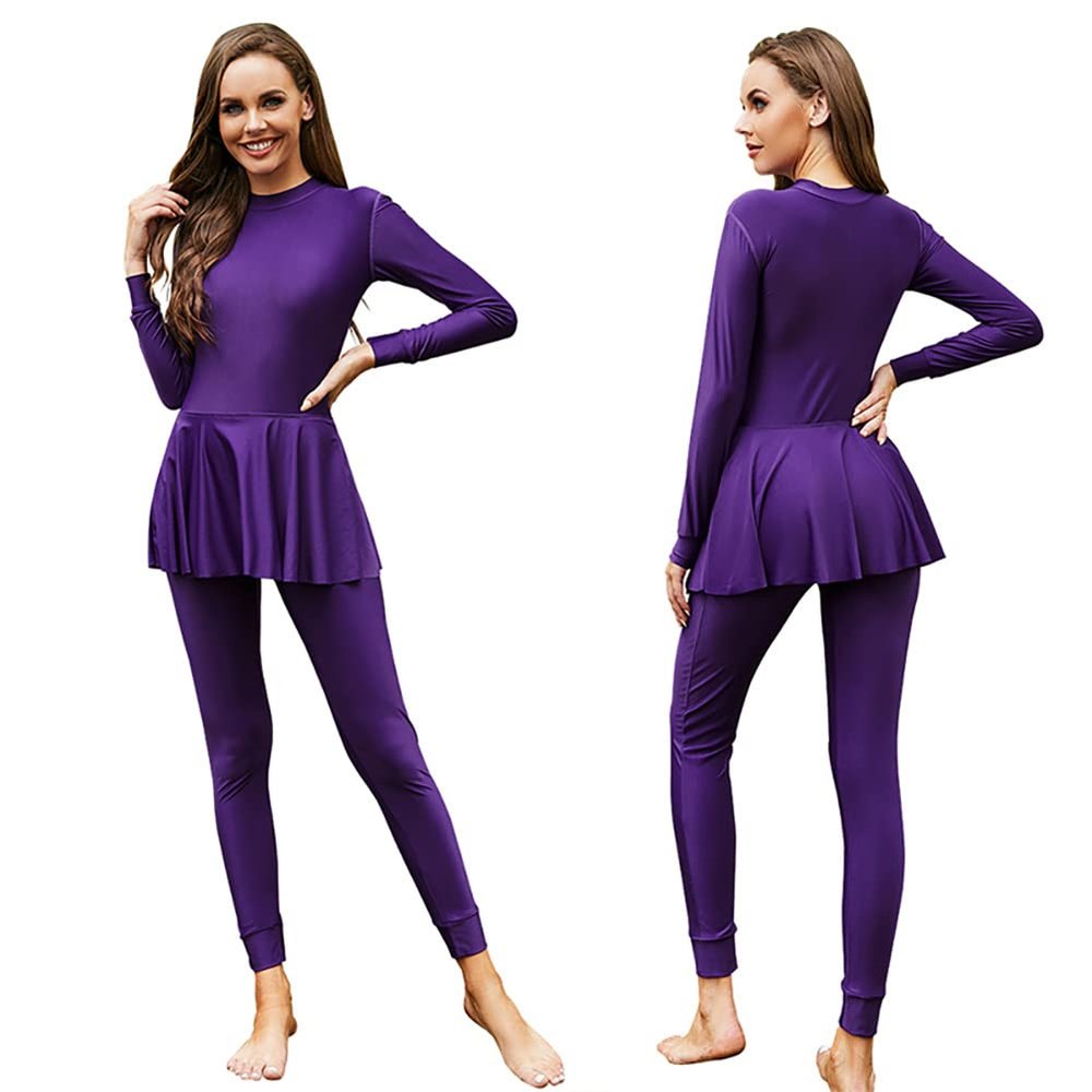 Muslim Swimsuits for Women Modest Islamic Swimwear Burkini Full Cover Long Sleeve Muslim Dress Tops + Pants Set Swimming Costume Sun Protection Rash Guard Plus Size Two Piece Bathing Suits Purple 5XL