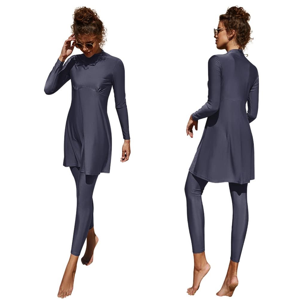 Muslim Swimsuits for Women Modest Islamic Swimwear Burkini Full Cover Long Sleeve Muslim Dress Tops + Pants Set Swimming Costume Sun Protection Rash Guard Set Two Piece Bathing Suits Dark Blue M