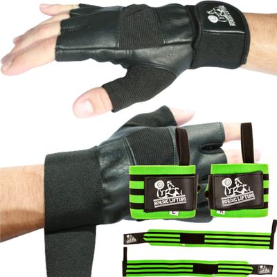 Nordic Lifting Gym Gloves Medium - Black Bundle with Super Heavy Duty Wrist Wraps - Black Grey