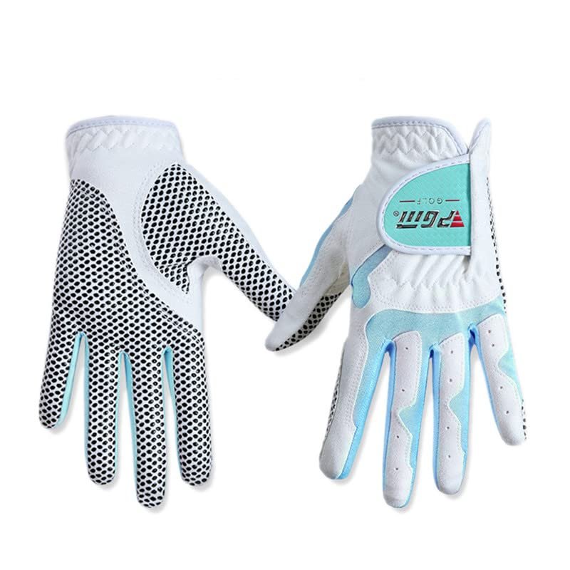 Biggold 1 Pair Women Golf Gloves Right Hand and Left Hand Anti-Slip Breathable Gloves Ladies Outdoor Sports Protetive Gloves (White and Blue,21)