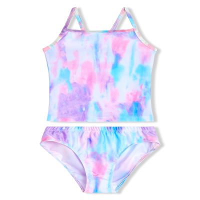 Girls Swimsuit Two Piece Bathing Suits for 7-8 Years Old Kids Blue Tie Dye Sport Beach Tankini Set Swimwear with UPF 50+ Sun Protection