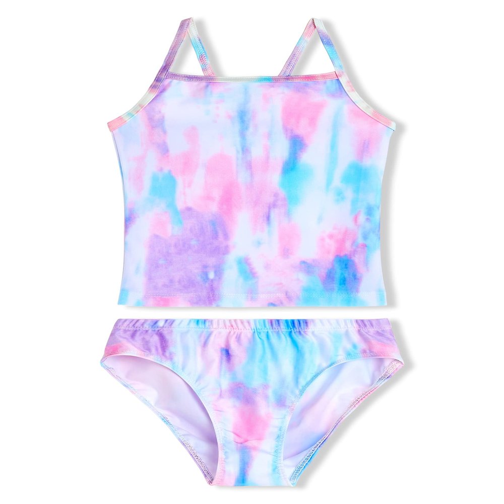 Girls Swimsuit Two Piece Bathing Suits for 7-8 Years Old Kids Blue Tie Dye Sport Beach Tankini Set Swimwear with UPF 50+ Sun Protection