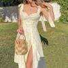 Summer Spring Floral Dress Women's Sexy Casual Fashion Sundress Midi Slip Backless Pleated Slit White Yellow Lace-up Flowers (Yellow,S,6), Yellow,white view 2