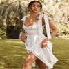 Summer Spring Floral Dress Women's Sexy Casual Fashion Sundress Midi Slip Backless Pleated Slit White Yellow Lace-up Flowers (White,XL,12) view 3