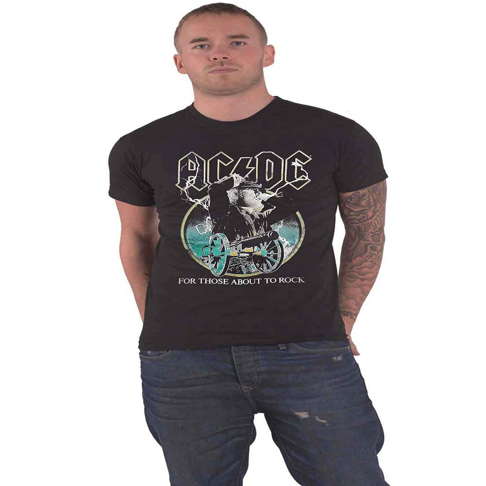 Ac/Dc T Shirt For Those About To Rock Yellow Outlines Official Mens Black Size L