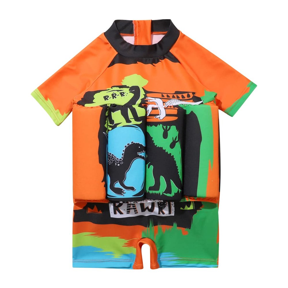 Kids Baby Floatation Swimsuit with Adjustable Buoyancy Float Suit Swim Vest One Piece Floating Swimwear for Boys Girls Infant Toddler Short Sleeve Swimming Bathing Suit Dino Print-Orange 18-24 Months