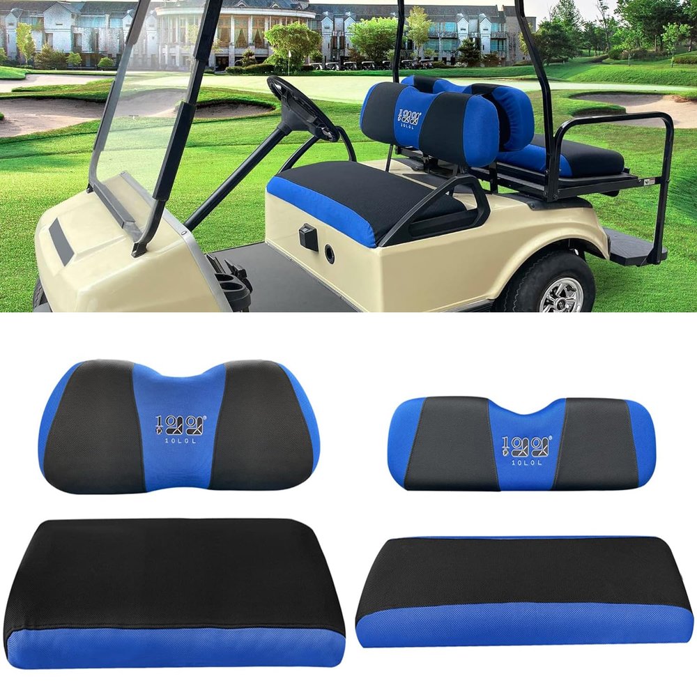 10L0L Golf Cart Front Rear Seat Cover Set for EZGO TXT RXV & Club Car DS 2000-up(Flat Backrest), Made of 3D Air Mesh Polyester Fabric Breathable Washable, Blue