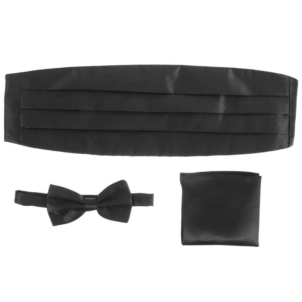 Homoyoyo 3pcs Tie Set, Black Men Satin Bow Tie Cummerbund Handkerchief Pocket