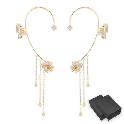 2022 NEW Shiny Zircon Butterfly Ear Clip, Unpierced Wraparound Butterfly Floral Tassels Earrings, Jewelry Gifts for Women (1pair-Golden)