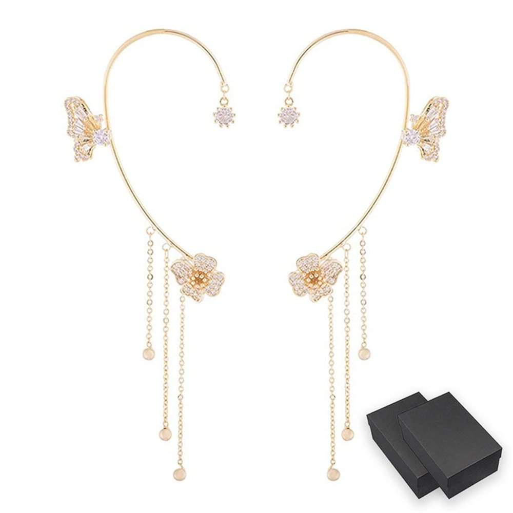 2022 NEW Shiny Zircon Butterfly Ear Clip, Unpierced Wraparound Butterfly Floral Tassels Earrings, Jewelry Gifts for Women (1pair-Golden)